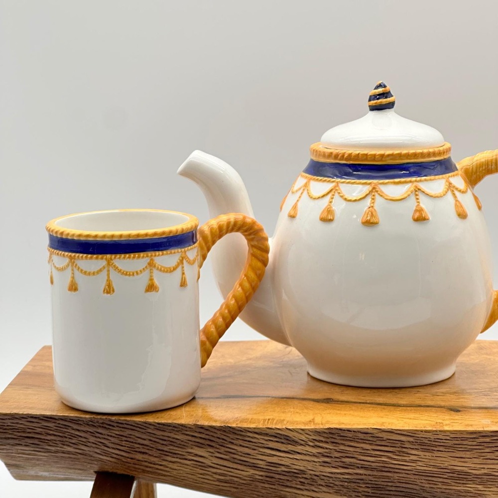 CMC Vintage 1992 Handpainted Ceramic Teapot and Mugs Set Blue‎ Gold Tassel